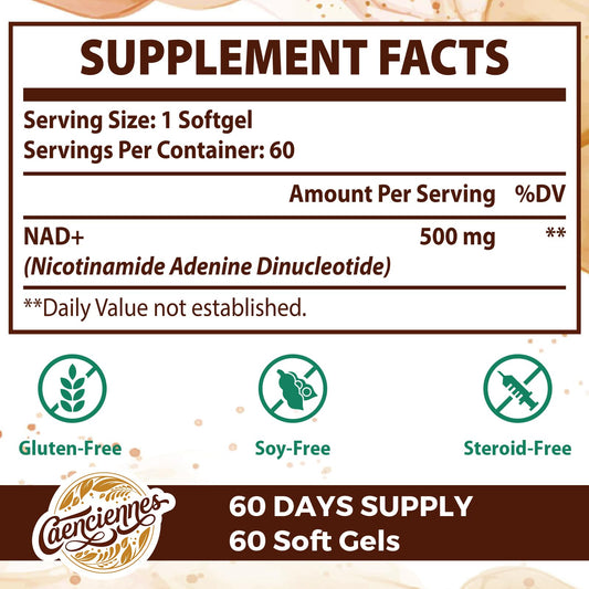 Caenciennes Liposomal NAD+ soft gels close-up showing easy-to-swallow capsules.