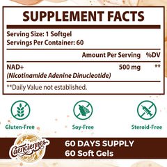 Caenciennes Liposomal NAD+ soft gels close-up showing easy-to-swallow capsules.