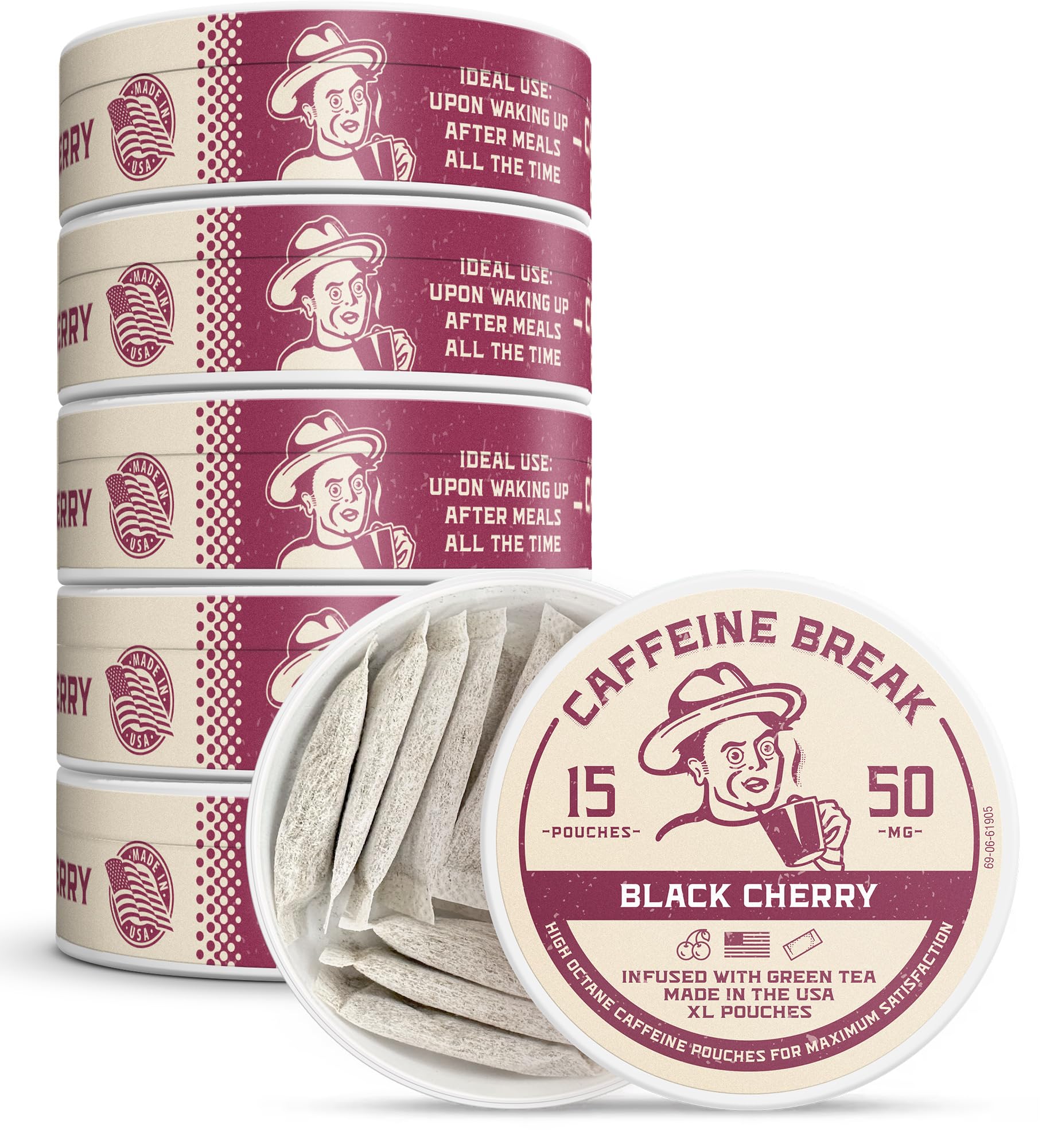 Caffeine Break Black Cherry pouch close up showing bold flavor and on the go energy