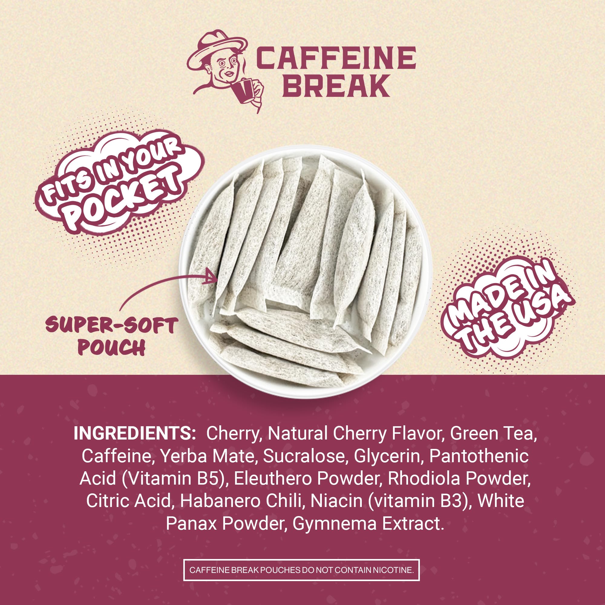 Caffeine Break Black Cherry pouch in hand illustrates travel friendly energy anytime