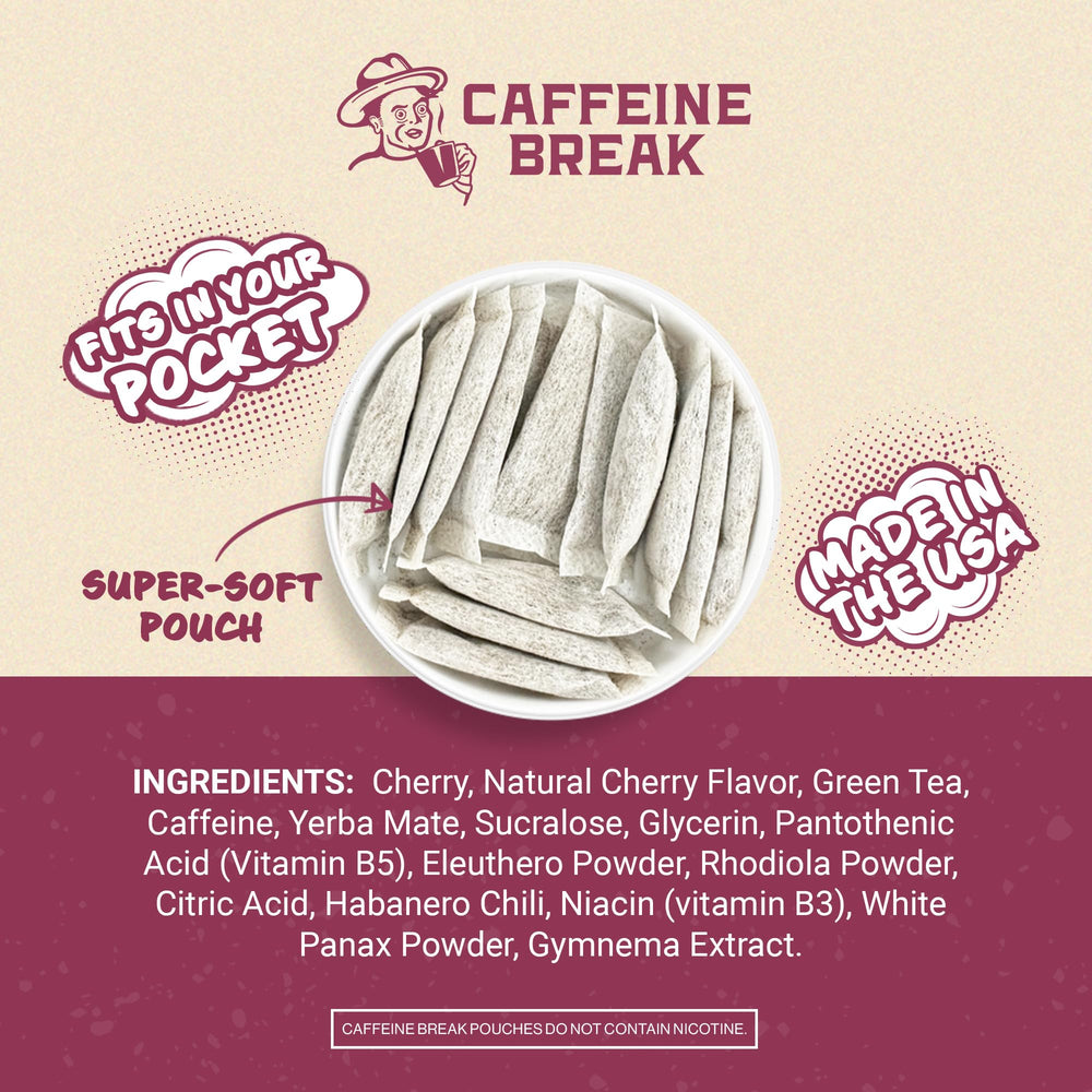 Caffeine Break Black Cherry pouch in hand illustrates travel friendly energy anytime