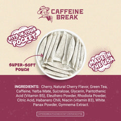 Caffeine Break Black Cherry pouch in hand illustrates travel friendly energy anytime