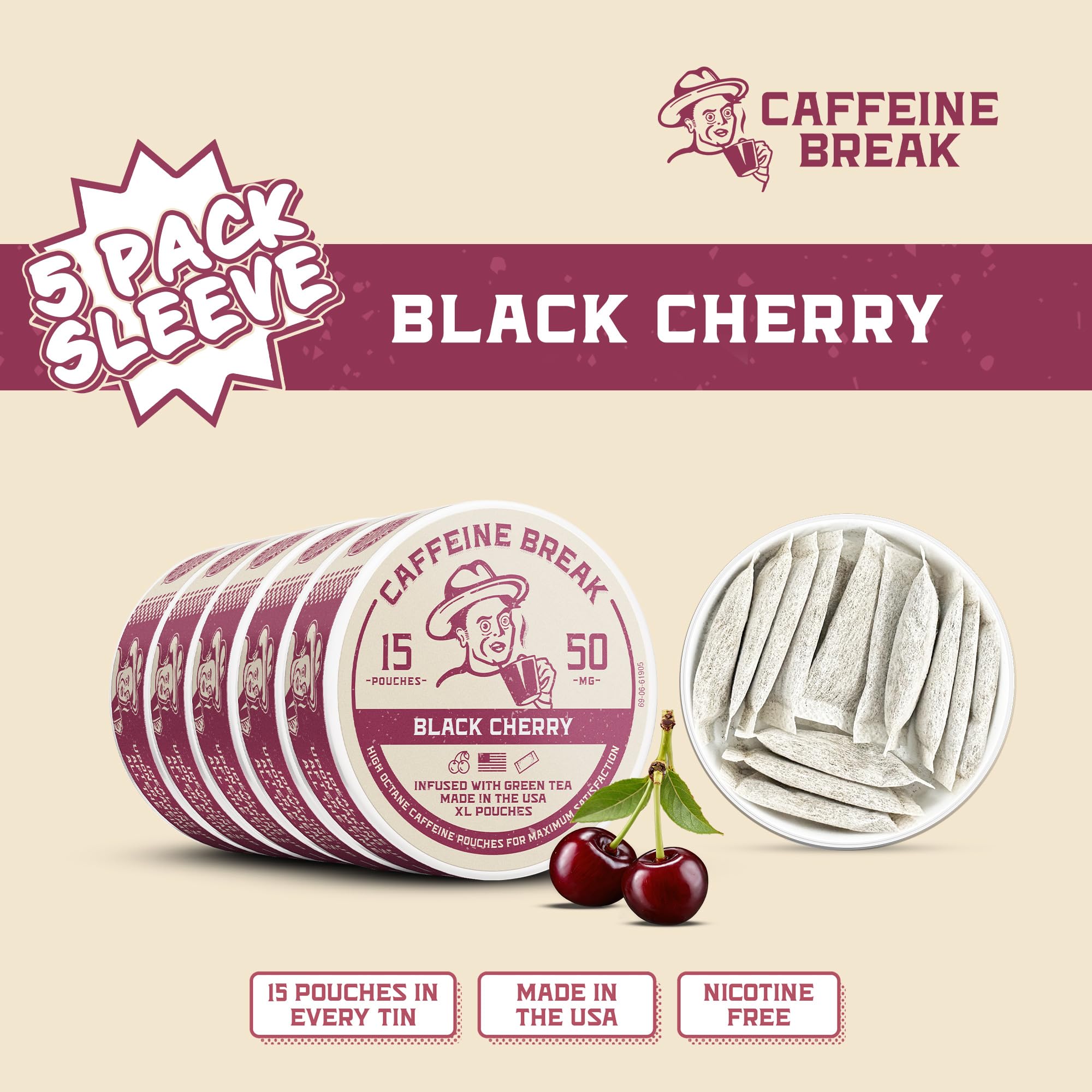 Caffeine Break Black Cherry pouches in pocket highlight discreet convenient boosts