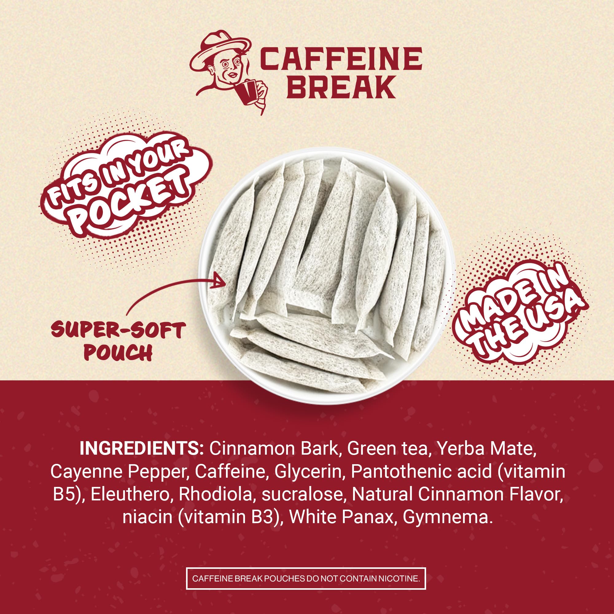 Close-up of Caffeine Break spicy cinnamon pouch with bold flavor.