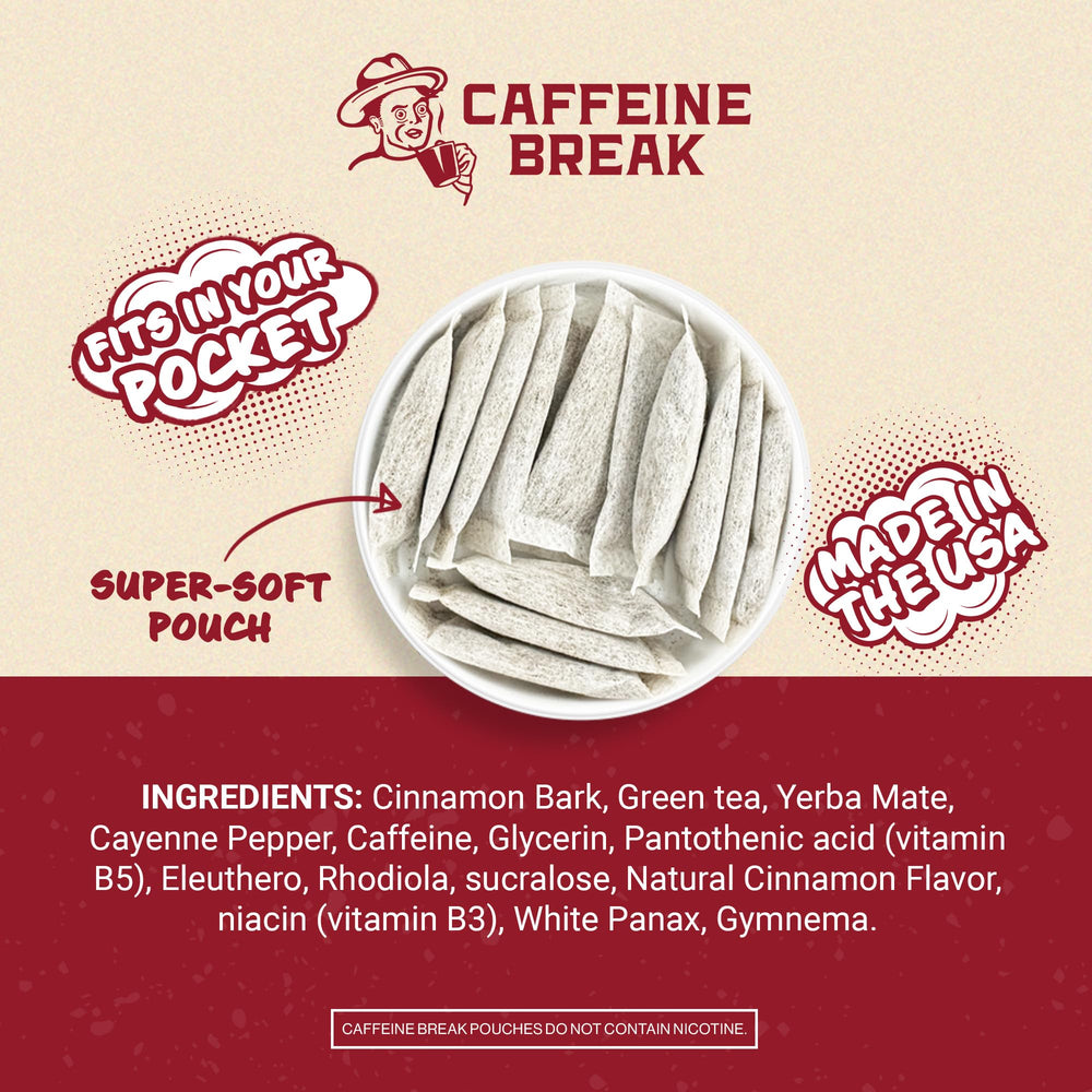 Close-up of Caffeine Break spicy cinnamon pouch with bold flavor.