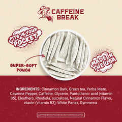 Close-up of Caffeine Break spicy cinnamon pouch with bold flavor.