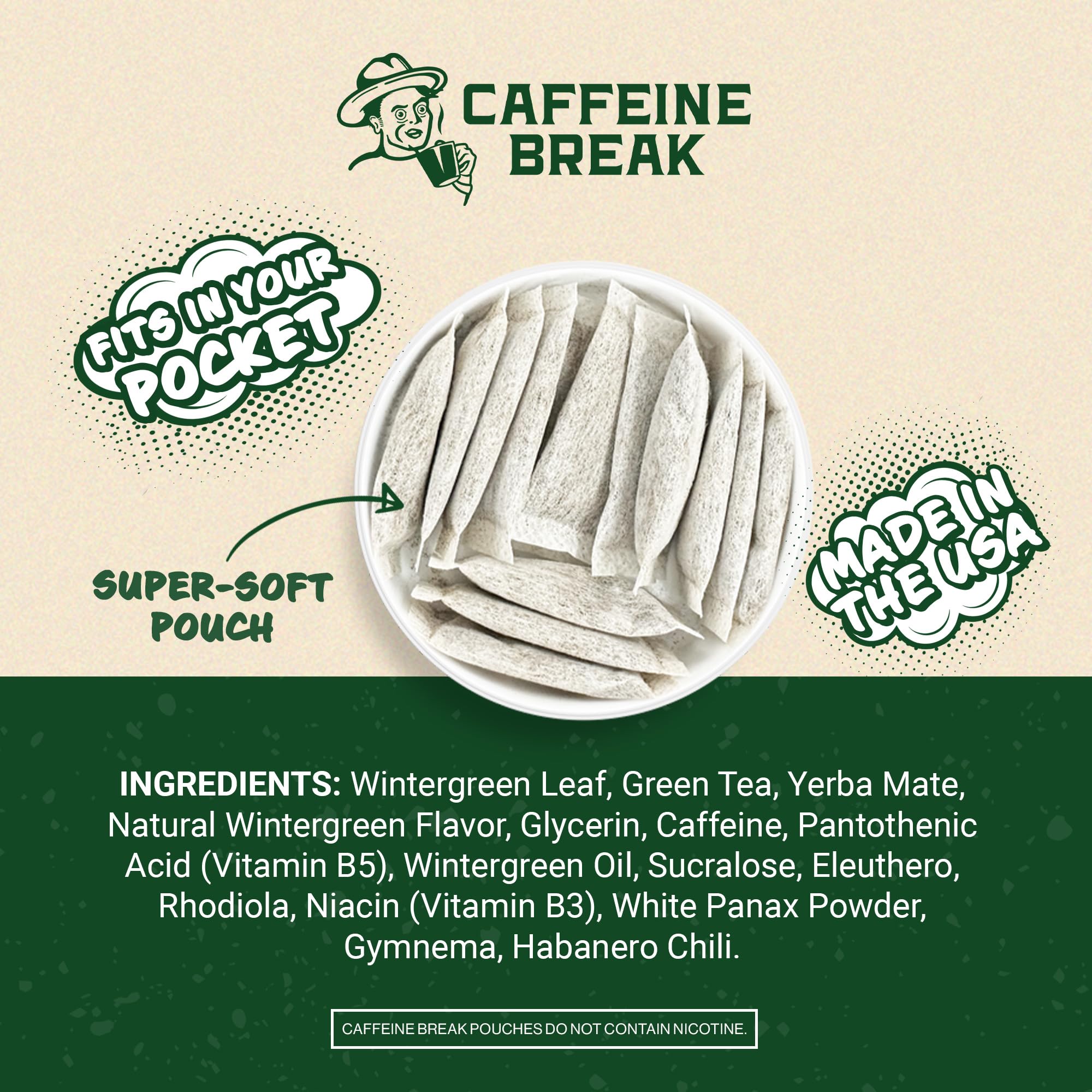 Caffeine Break Wintergreen pouch with 50 mg label emphasizes clean energy.