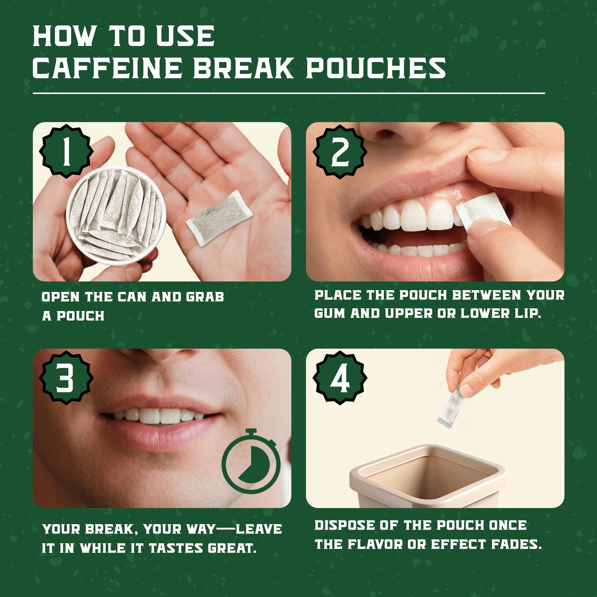 Caffeine Break Wintergreen pouch back showing 50 mg caffeine per serving for steady focus.