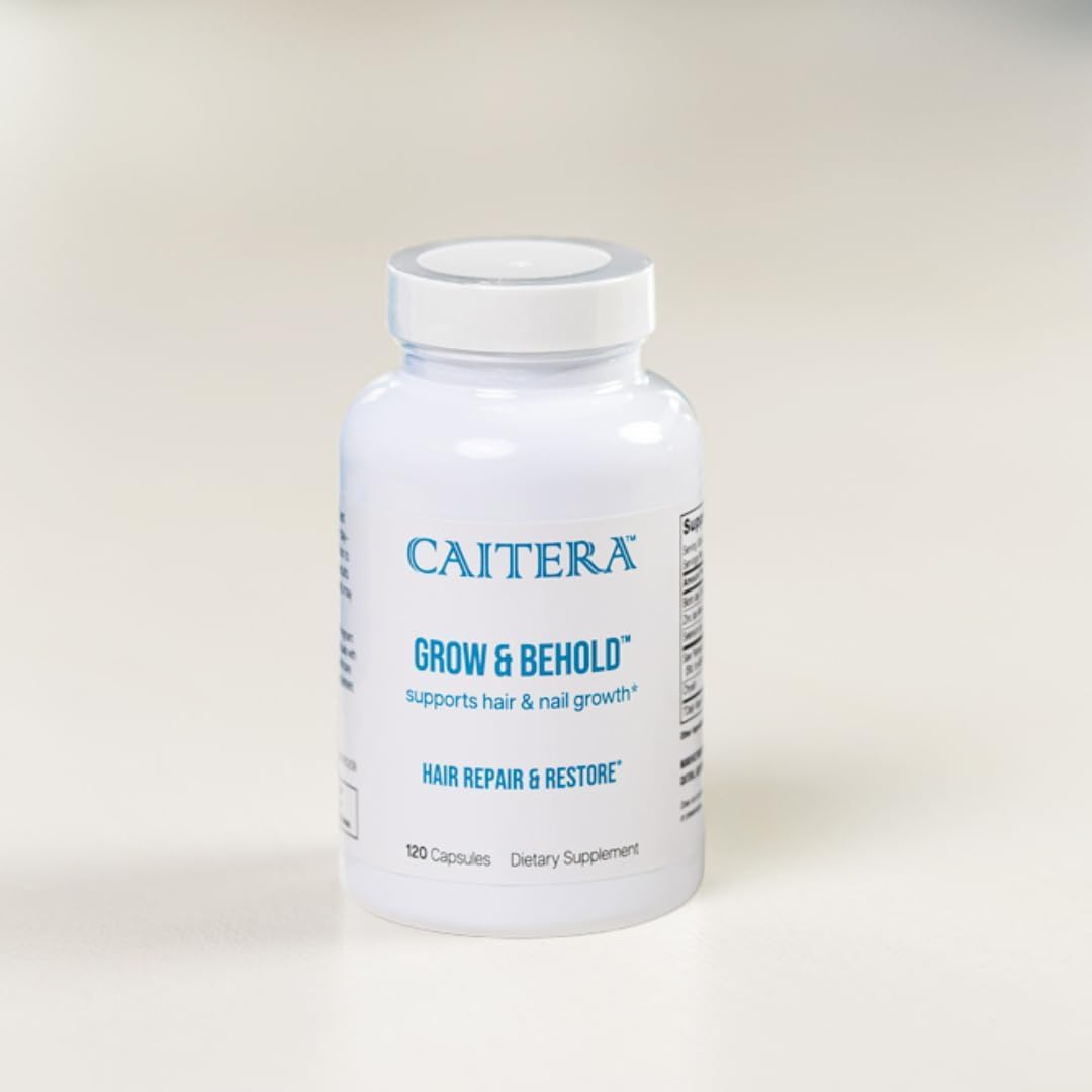 Caitera Grow & Behold bottle label highlighting ingredients for hair health
