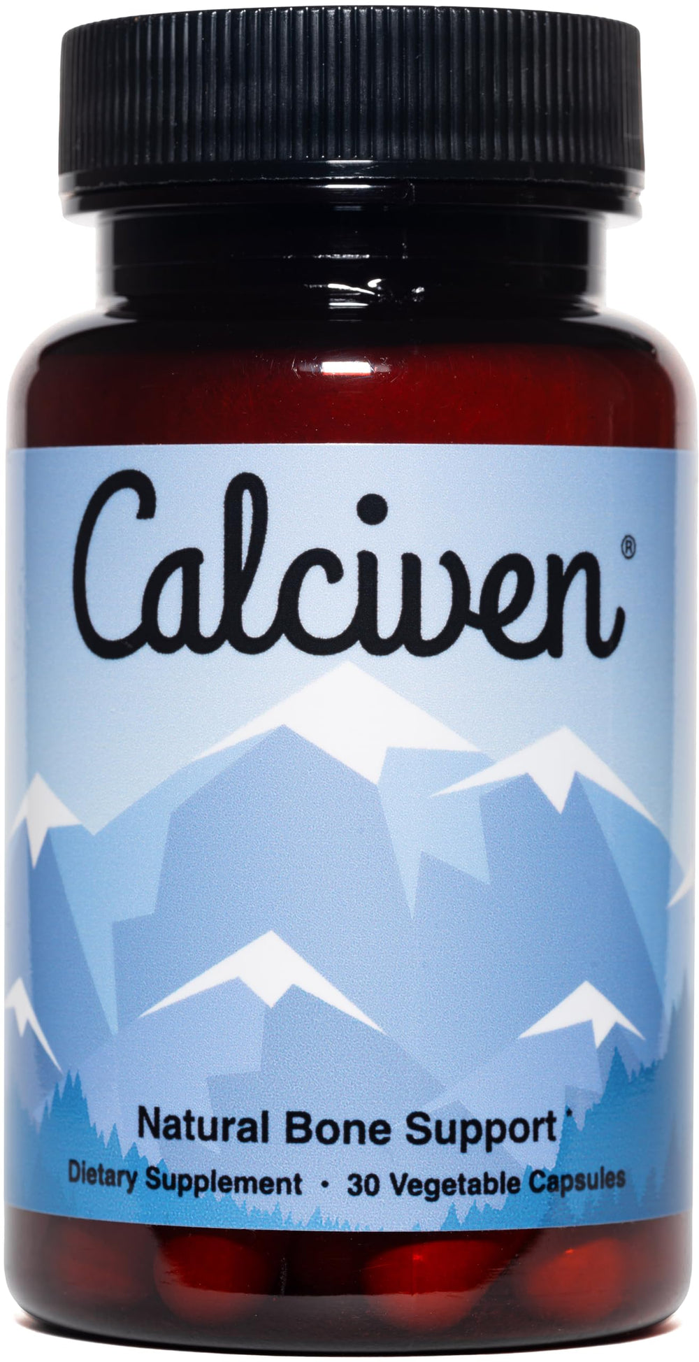 Calciven bone support bottle label highlighting non-GMO and gluten-free nutrition.