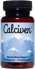 Calciven bone support bottle label highlighting non-GMO and gluten-free nutrition.