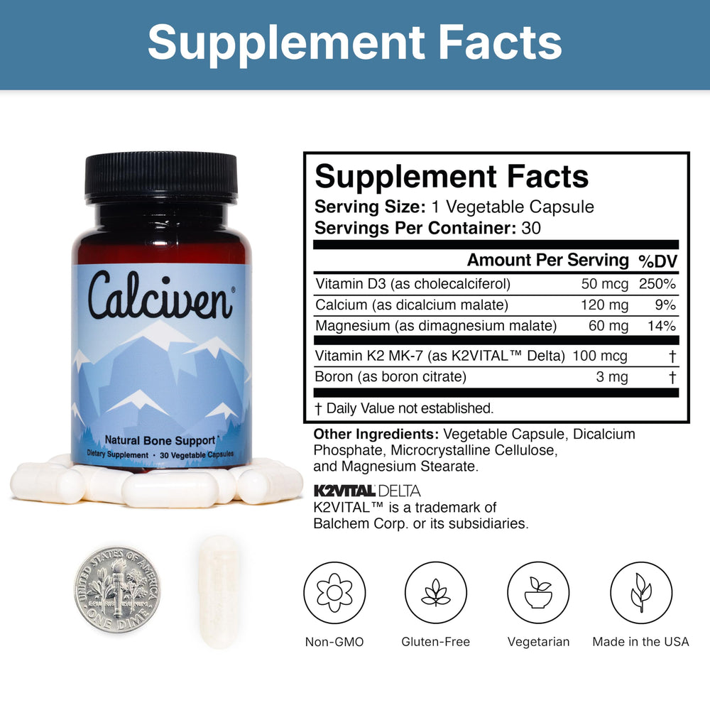 Close-up of Calciven ingredient list emphasizing key vitamins and minerals.