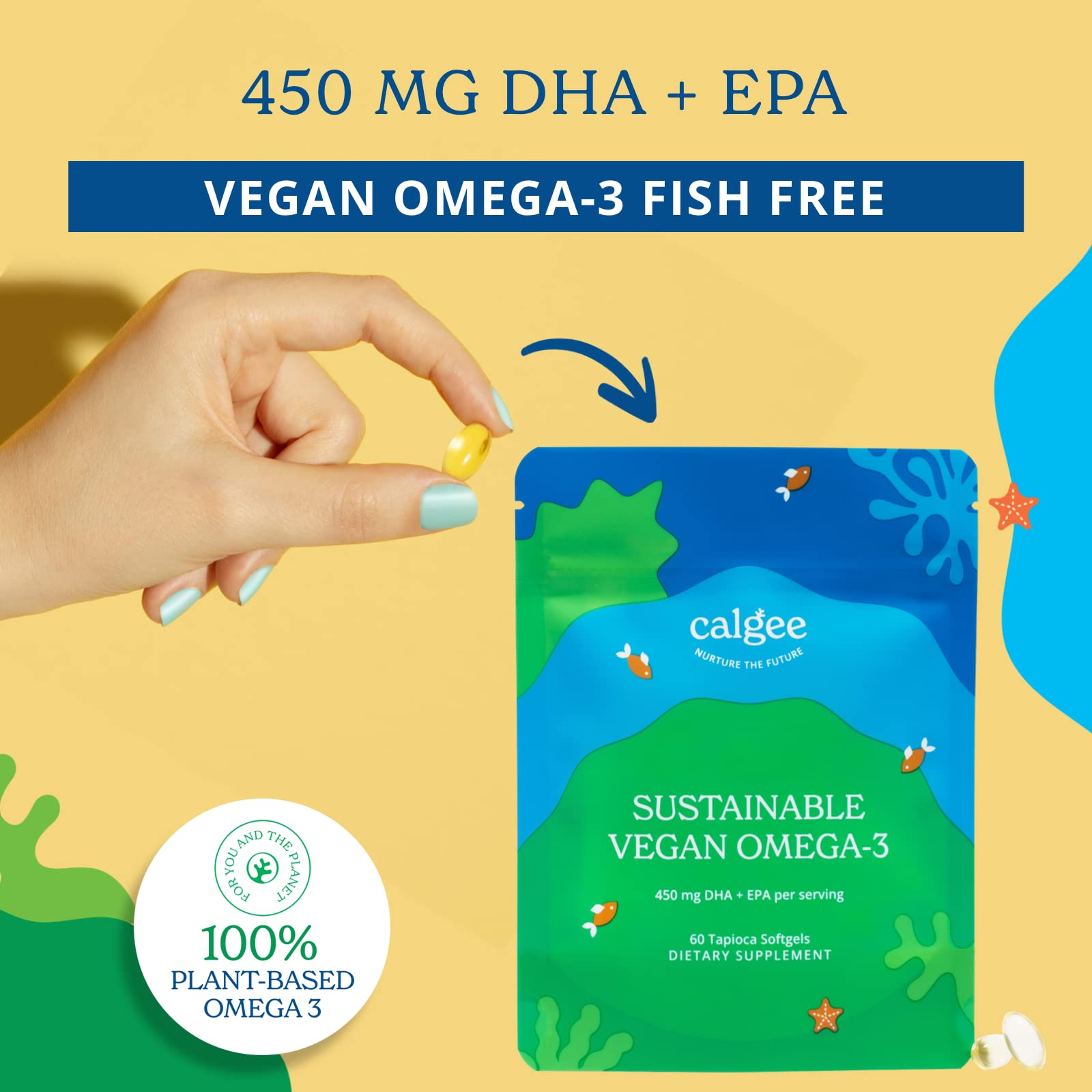 Calgee algae-source illustration highlights sustainable, fish-free omega-3 option.