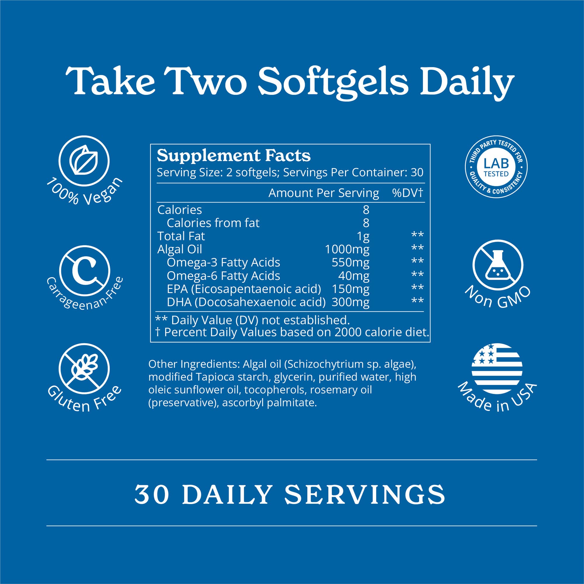 Calgee softgels being poured, convenient daily dose of algae-based DHA & EPA.
