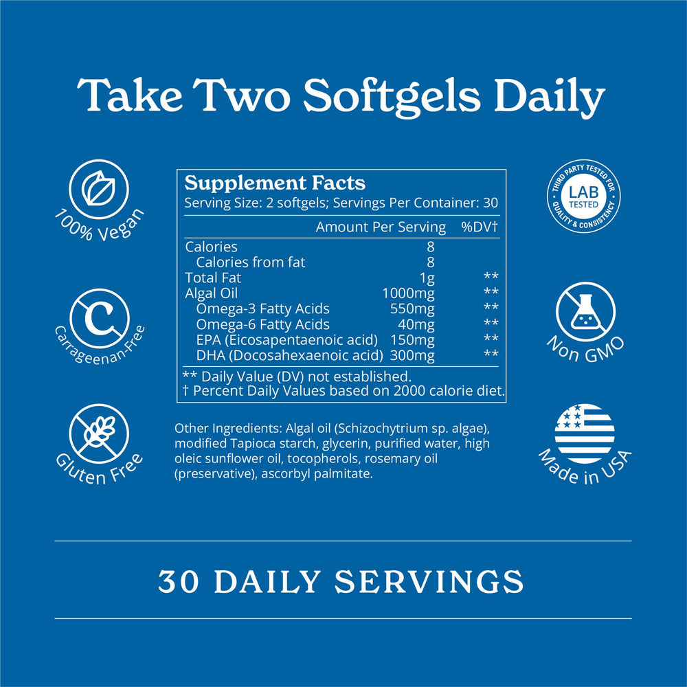 Calgee softgels being poured, convenient daily dose of algae-based DHA & EPA.