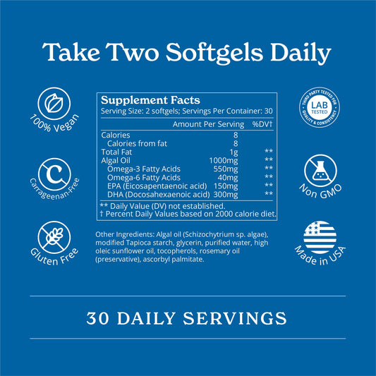 Calgee softgels being poured, convenient daily dose of algae-based DHA & EPA.