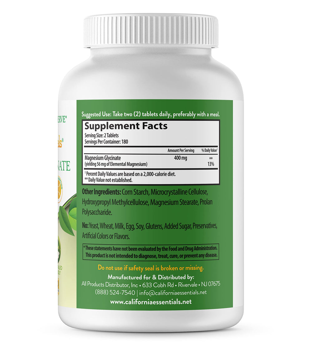 California Essentials magnesium glycinate bottle back label with dosage guidance.