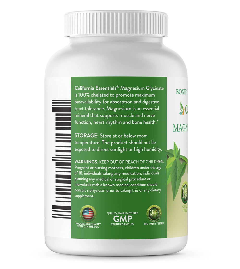 California Essentials magnesium glycinate bottle front showing vegan, non-GMO formula.