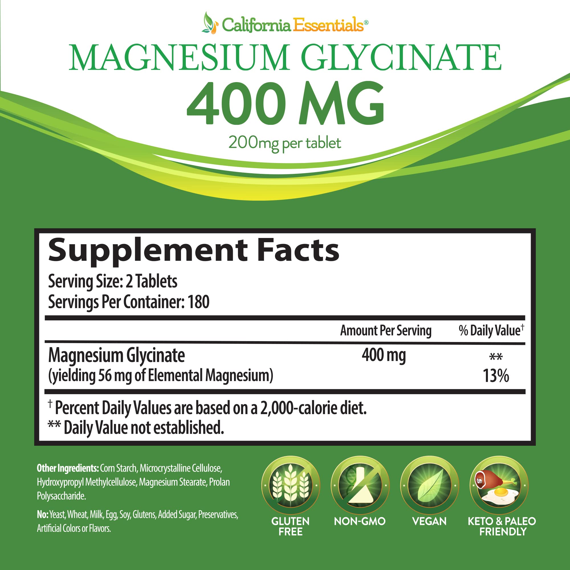 California Essentials glycinate ingredients list showing gluten-free and dairy-free options.