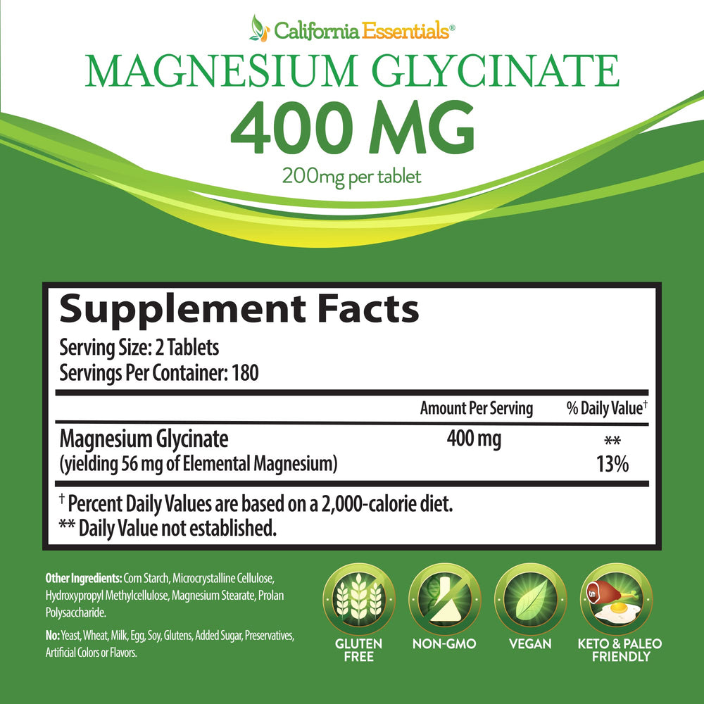 California Essentials glycinate ingredients list showing gluten-free and dairy-free options.
