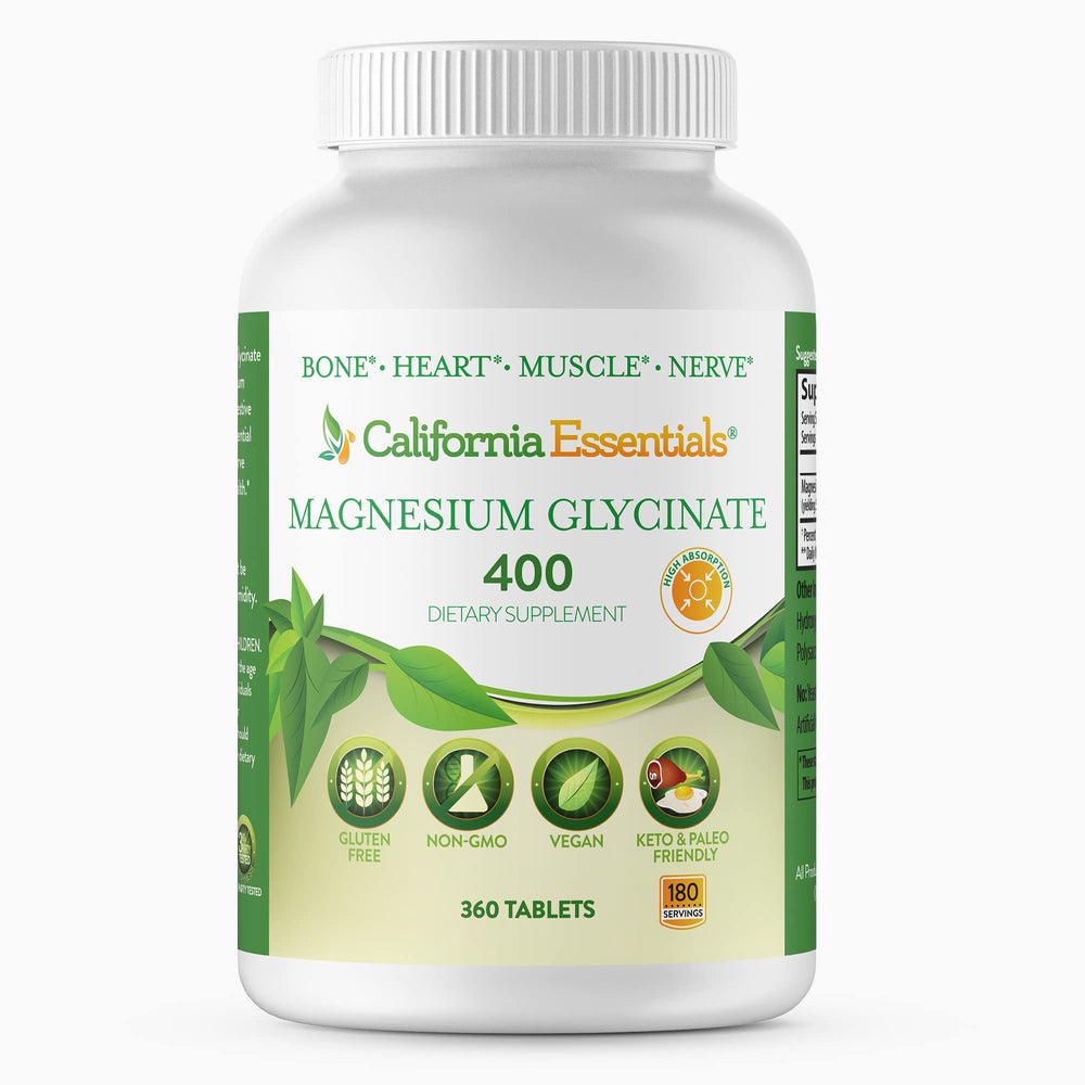California Essentials Magnesium Glycinate tablet closeup highlighting high absorption.