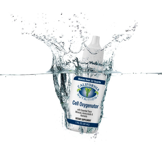 California Nutrition Cell Oxygenator bottle front view, highlights the oxygen boost drops.