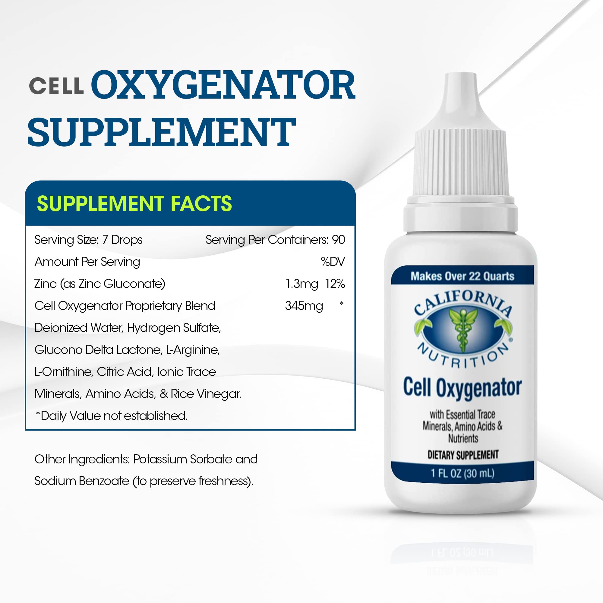 Side view of California Nutrition Cell Oxygenator bottle for quick absorption.