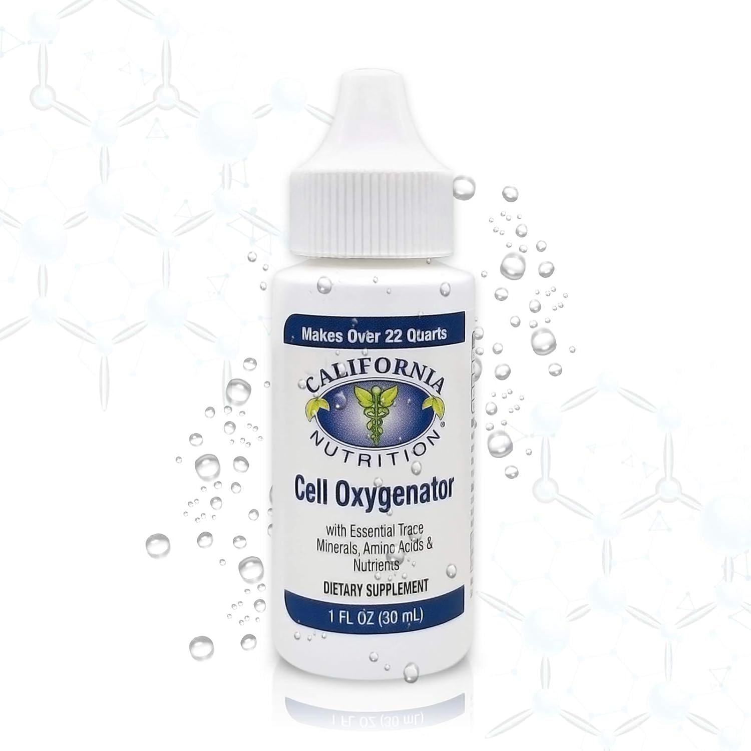 Close-up of California Nutrition Cell Oxygenator drops being poured for fast absorption.