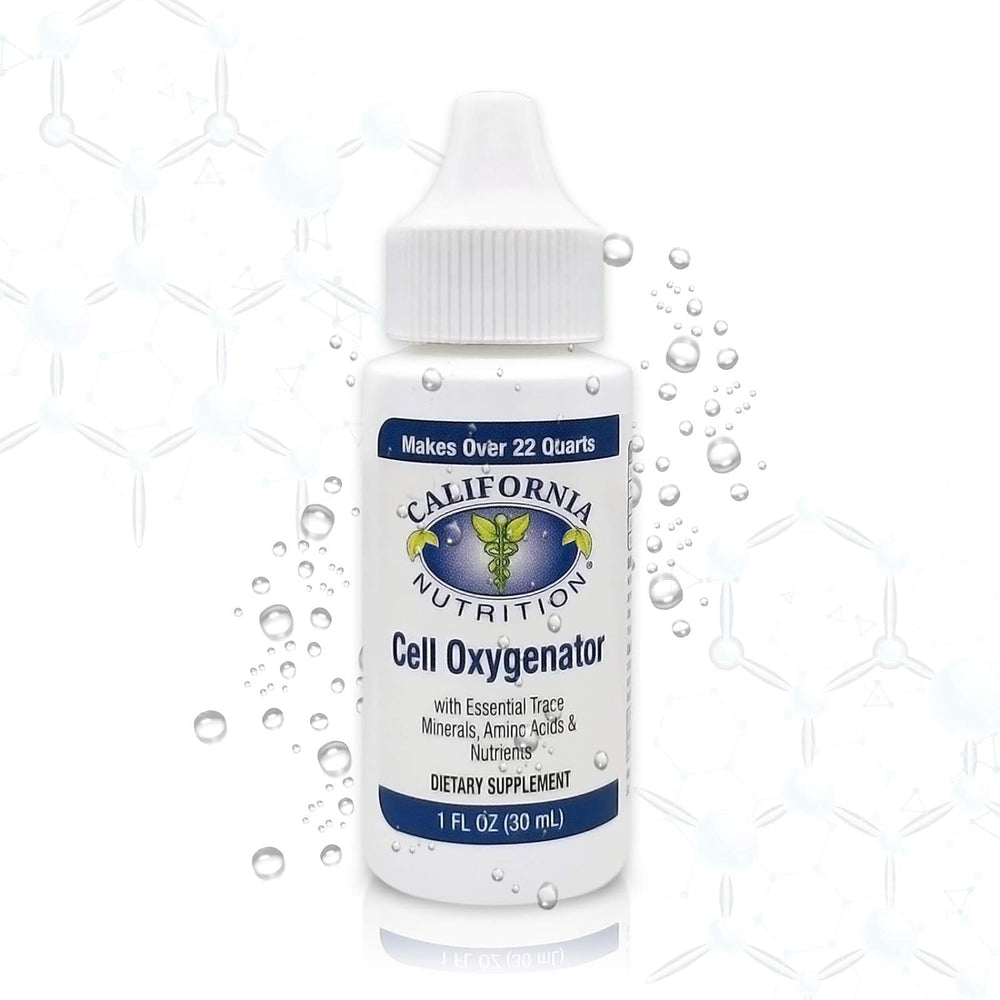 Close-up of California Nutrition Cell Oxygenator drops being poured for fast absorption.