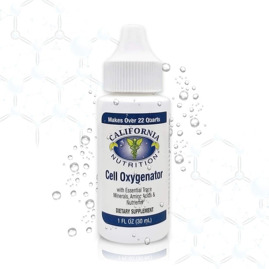 Close-up of California Nutrition Cell Oxygenator drops being poured for fast absorption.