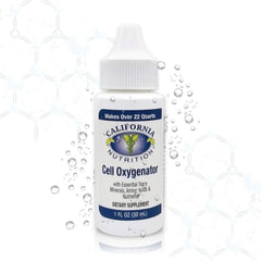 Close-up of California Nutrition Cell Oxygenator drops being poured for fast absorption.
