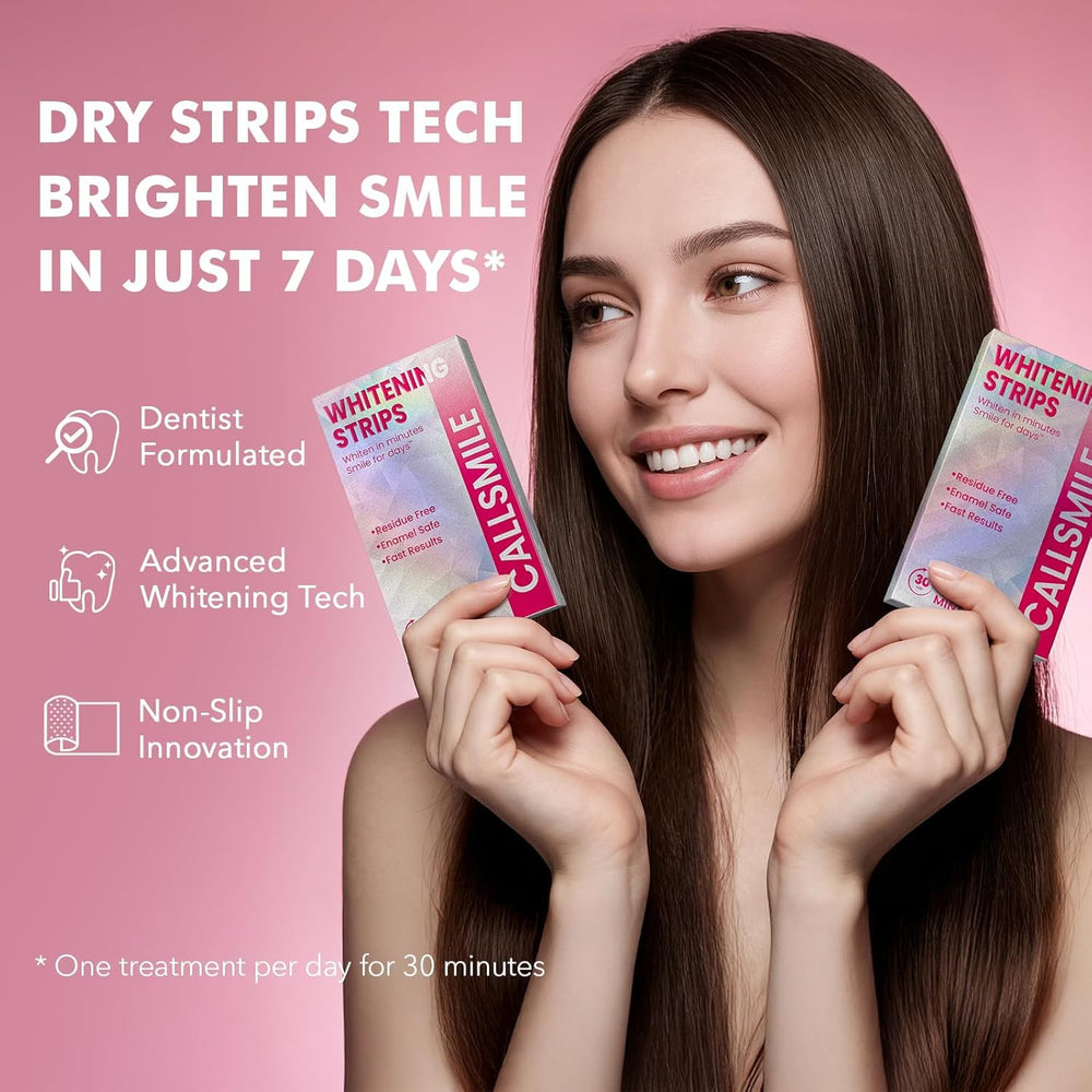 Callsmile teeth whitening strips in use, showing quick 28-minute treatment.