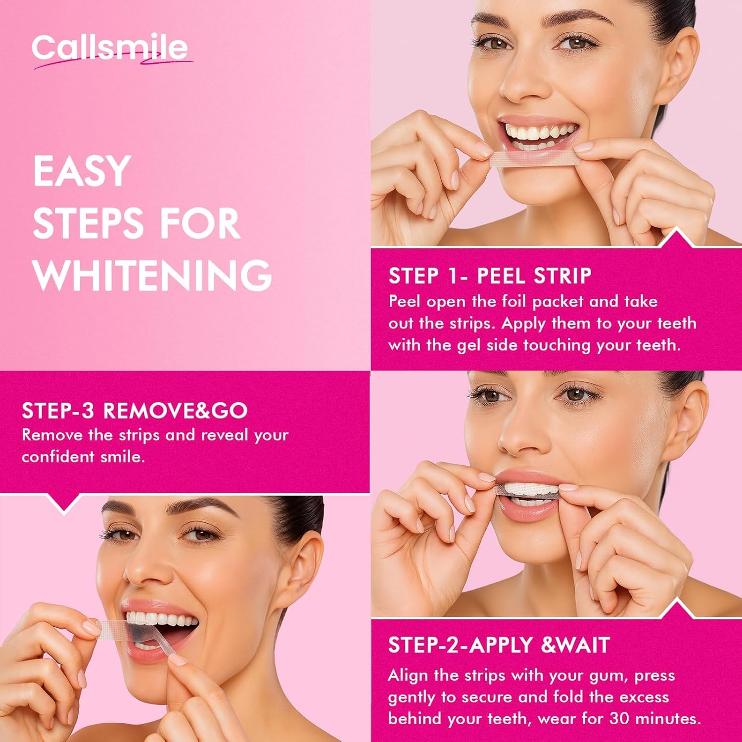 Callsmile strips with tea stains in a glass, demonstrating stain removal.