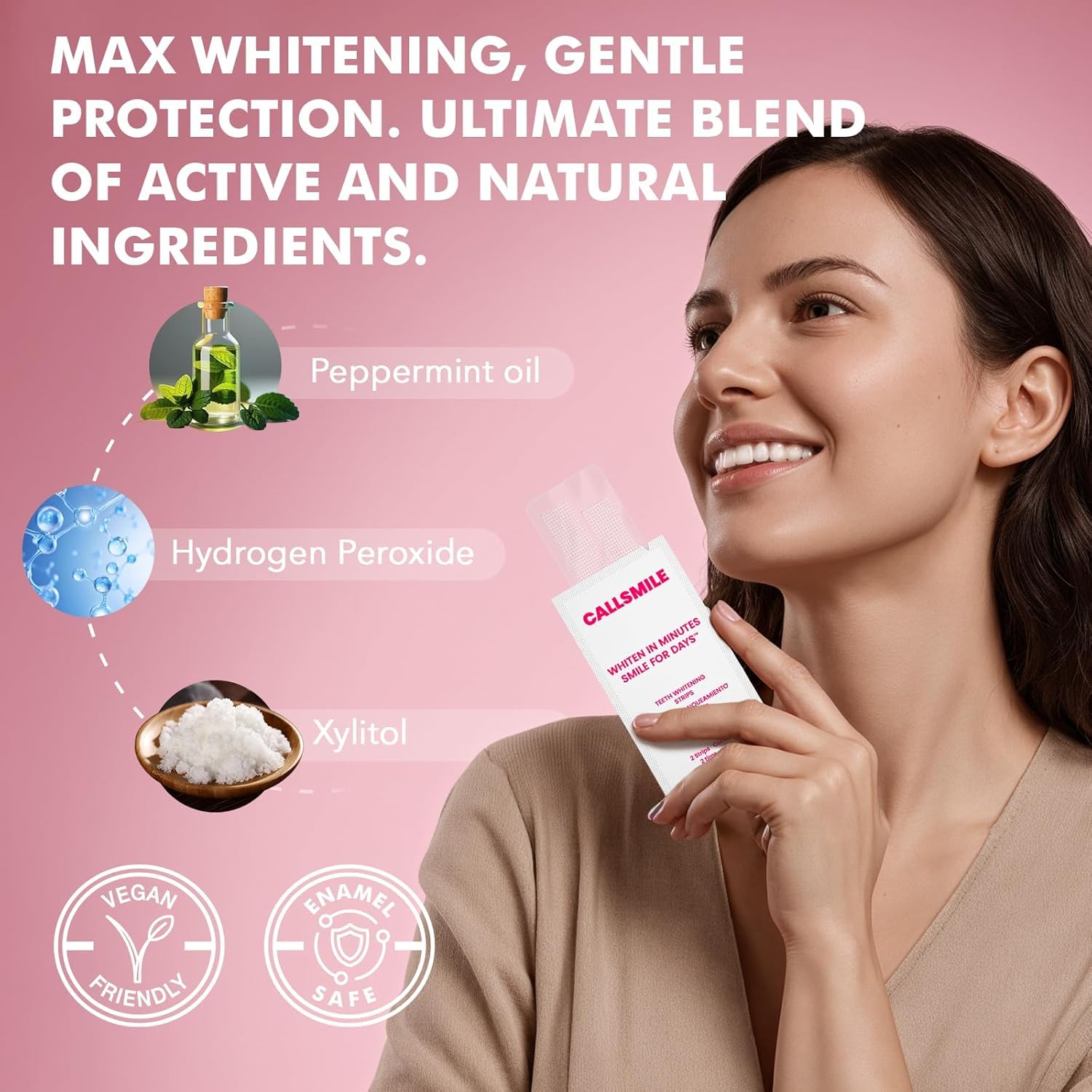Callsmile whitening strips close up, illustrating no residue after removal.
