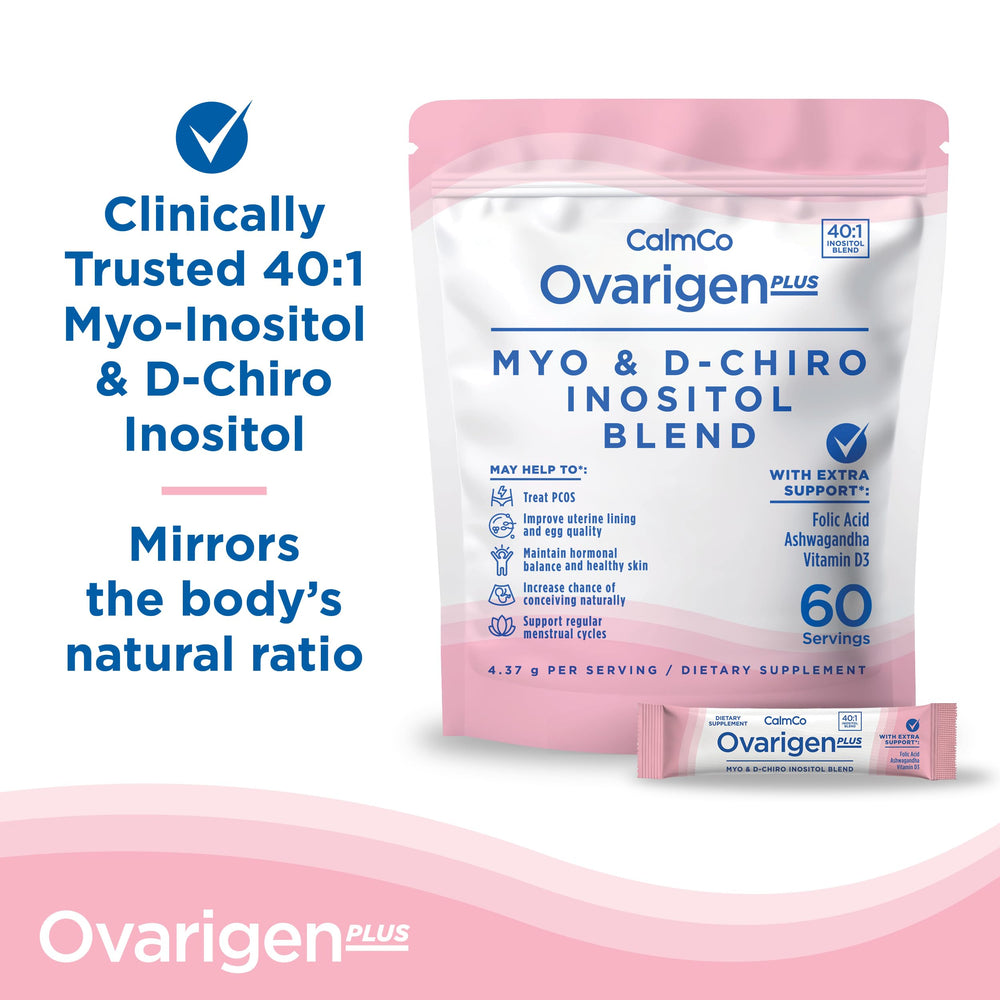 CalmCo Ovarigen Plus sachet dissolving in water for quick morning use.