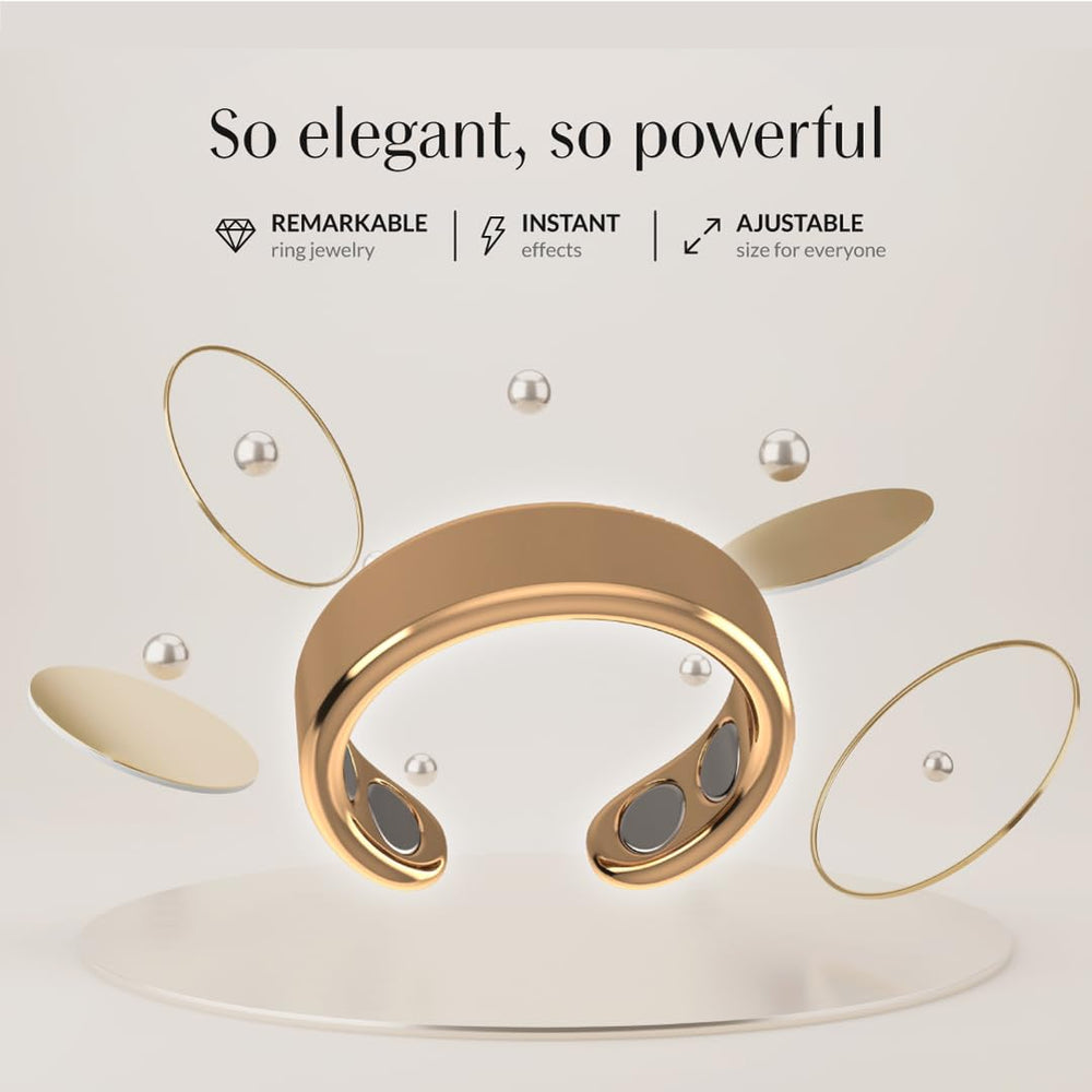 Calmi magnetic ring with rose gold finish highlights wearable wellness design.