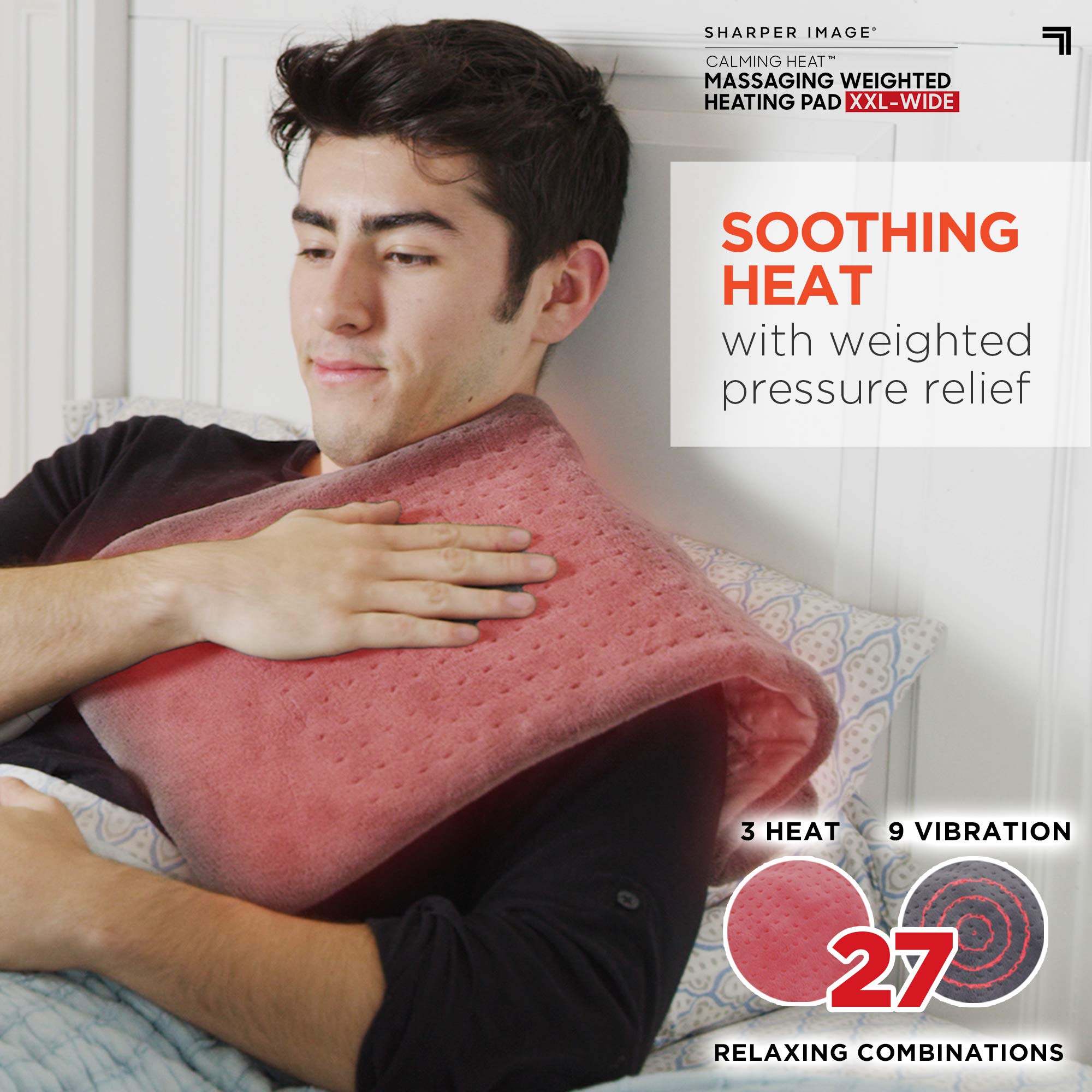 Calming Comfort heating pad on knee provides soothing relief for leg discomfort.