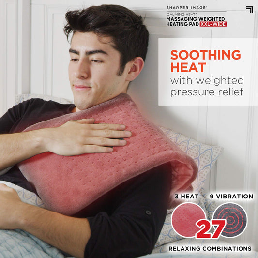 Calming Comfort heating pad on knee provides soothing relief for leg discomfort.