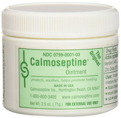 Calmoseptine diaper rash ointment jar packaging highlights six jars for easy stocking and convenience.