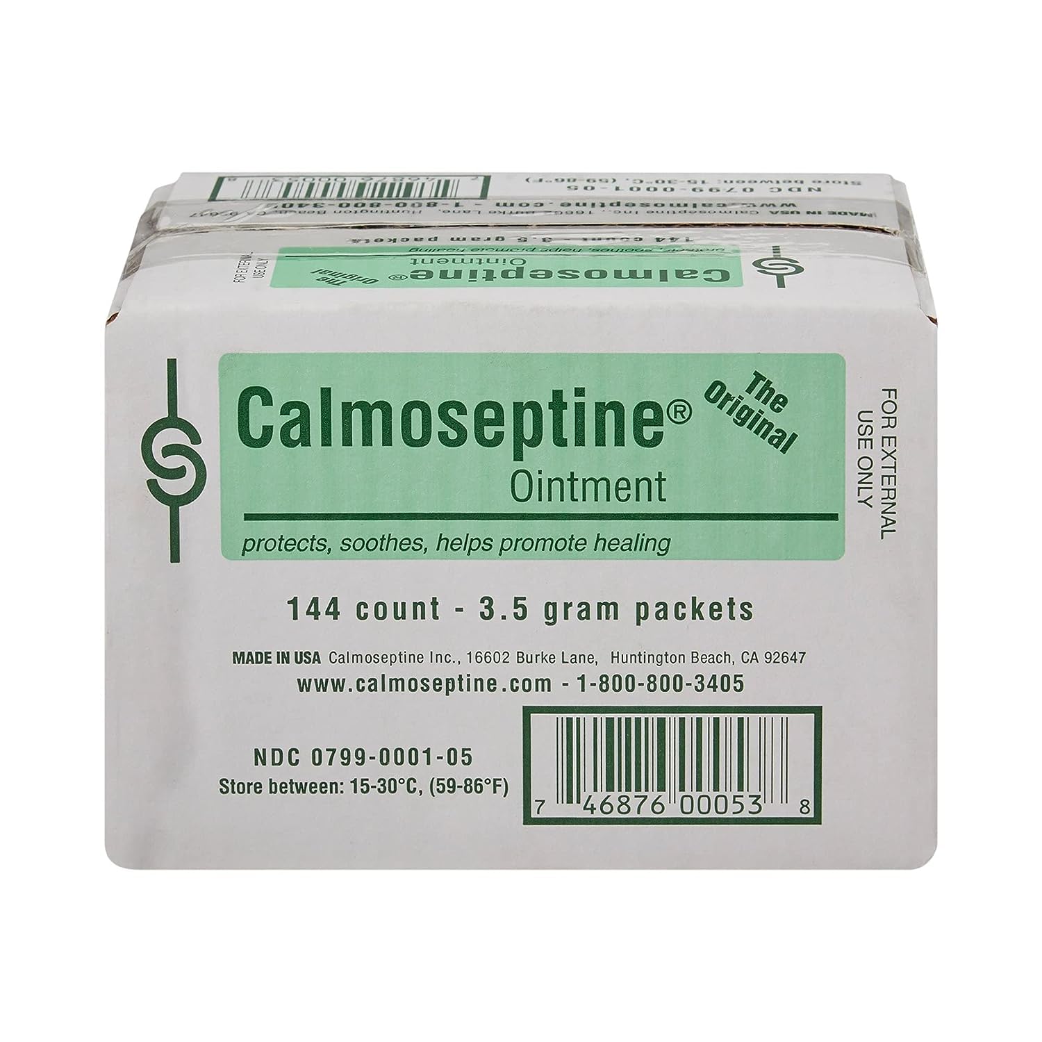 Calmoseptine foil packet opened to reveal barrier ointment for irritated skin.