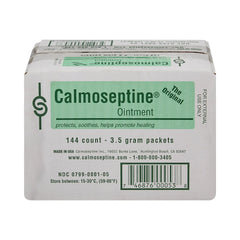 Calmoseptine foil packet opened to reveal barrier ointment for irritated skin.