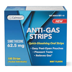 CALMOUR anti gas relief strips on tongue melt quickly for instant comfort.