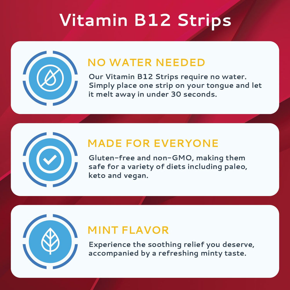 CALMOUR B12 Strips melt under the tongue in seconds for fast use.