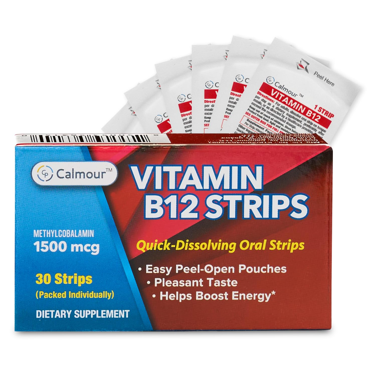 CALMOUR B12 Strips packaging shows mint flavor and vegan formula for a quick energy reminder.