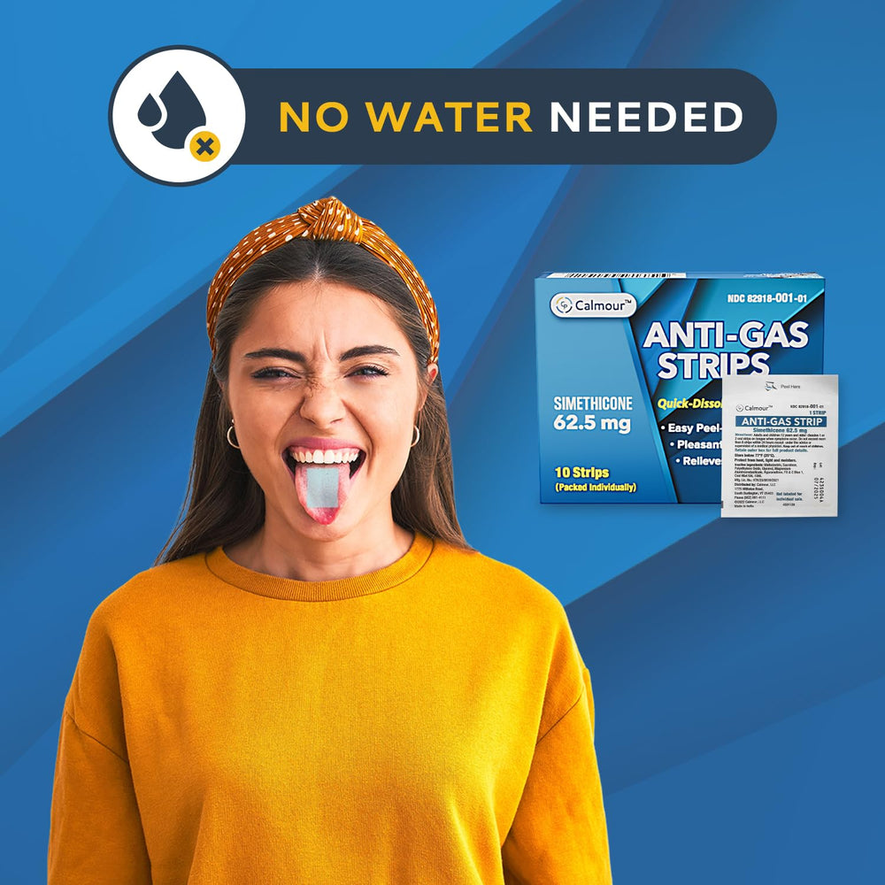 CALMOUR dissolvable oral strip packaging highlights 100-count convenience.