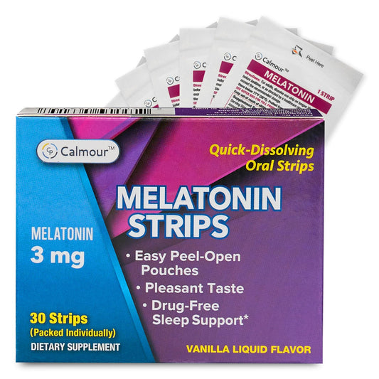 CALMOUR melatonin strip in vanilla dissolves quickly for easier sleep.
