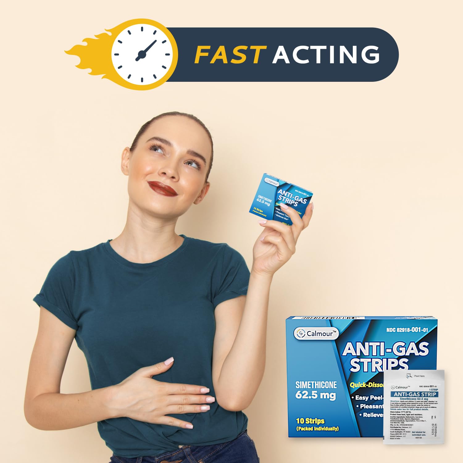 CALMOUR simethicone 62.5 mg in each strip provides bloating relief.
