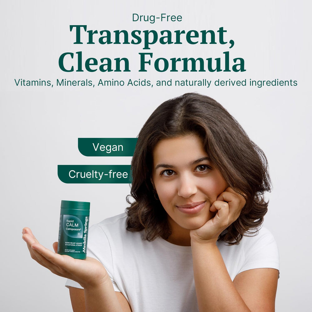 Calmposure bottle front displaying trusted calming supplement branding.