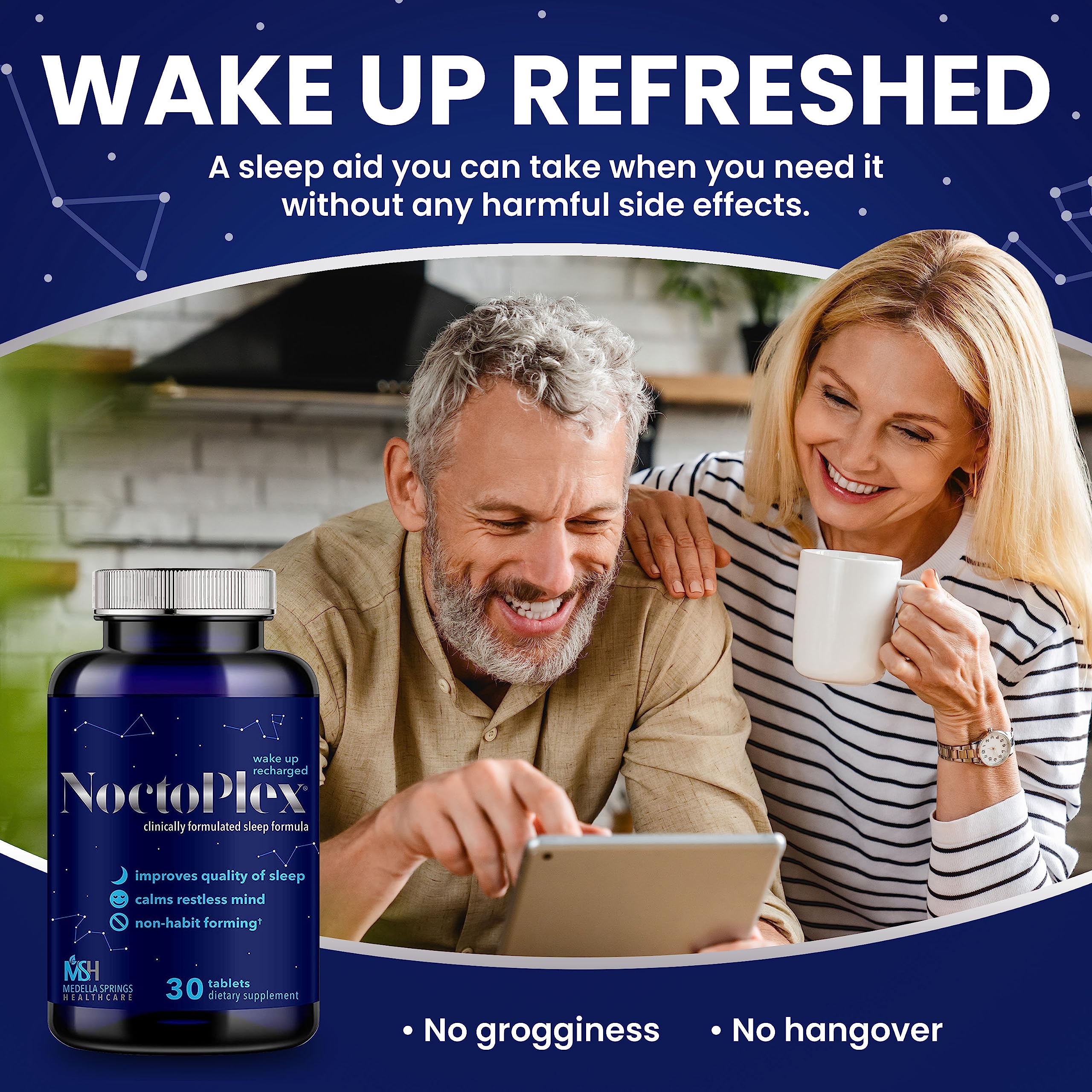 CALMPOSURE NoctoPlex pills closeup emphasizing sleep-friendly compounds
