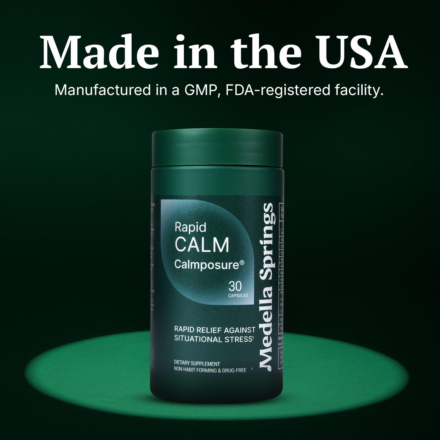 Calmposure vegan cruelty-free symbol reinforces ethical stress support.